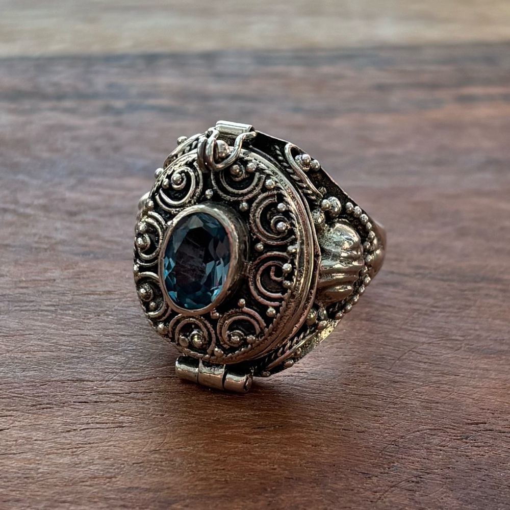 Sterling Silver Poison Locket Ring with Blue Topaz size 7